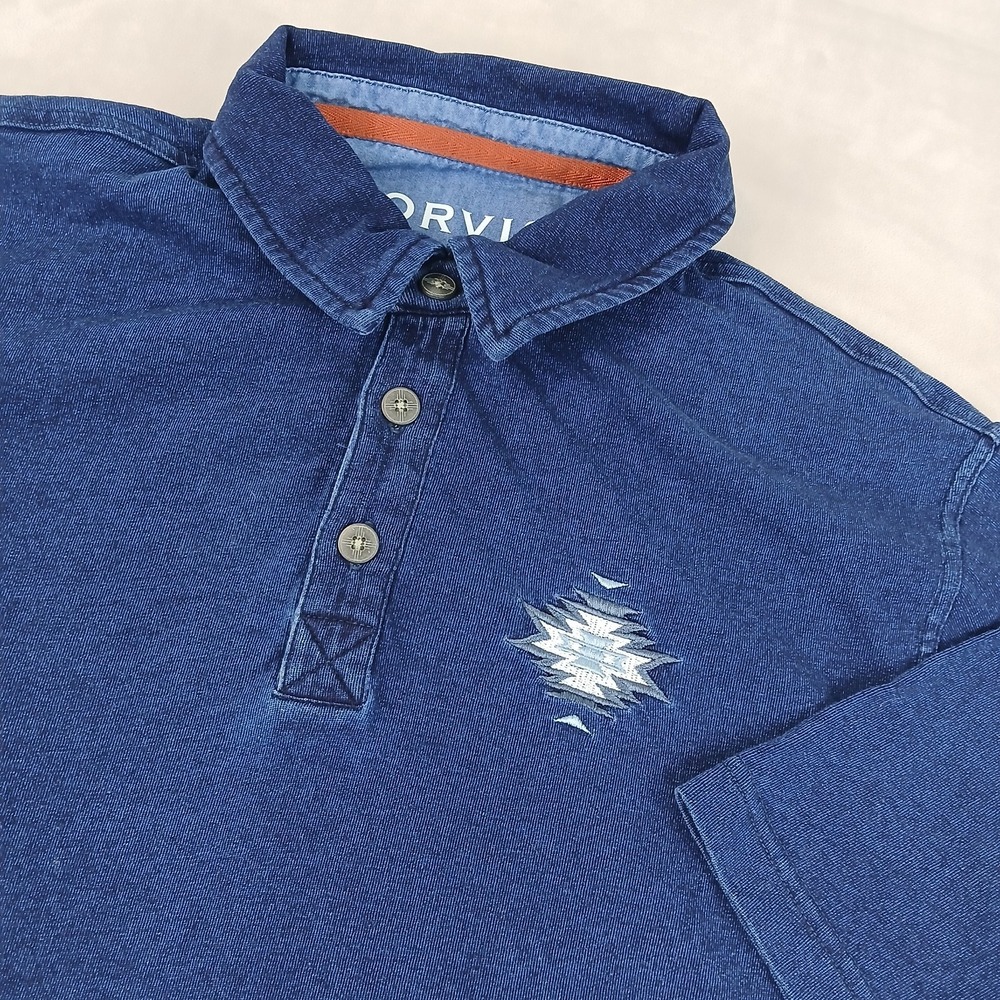 Orvis Small Mens Polo Shirt Denim Look Aztec Navajo‎ Southwest 19x27